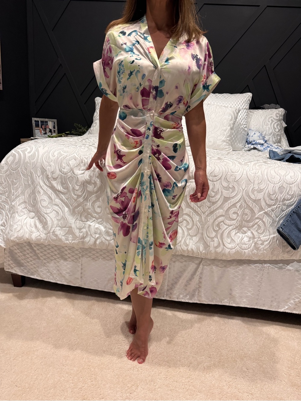 Steve Madden Cream Satin Floral Ruched Midi Robe with Pink & Blue Blooms